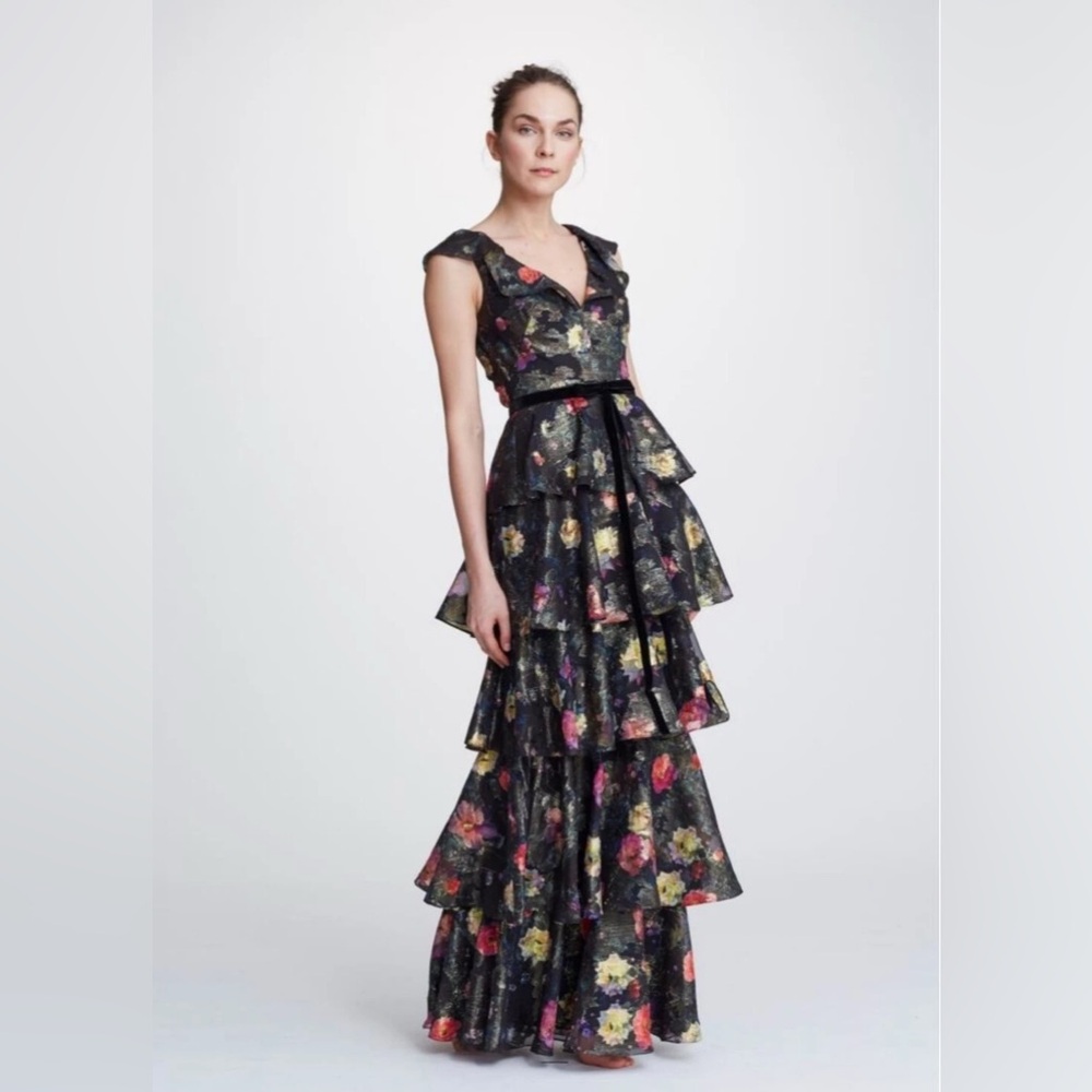 MARCHESA Notte Black Metallic Floral Jacquard Tiered Ruffle Cutout Back Gown